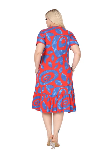 Melsay Butik Göğüsten Robalı V Yaka Kısa Kollu Pembe Nazar Desenli Cepli Elbise - Resim 6