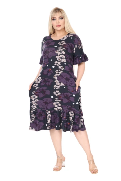 Melsay Butik Kadın Büyük Beden Eteği Fırfırlı Mor Gelincik Desen Cepli Elbise