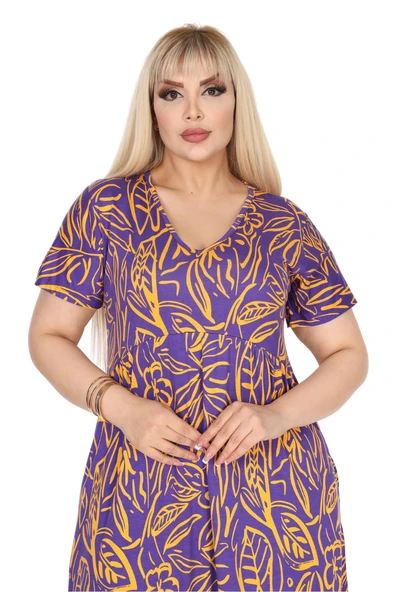 Melsay Butik Göğüsten Robalı V Yaka Kısa Kollu Mor Yaprak Desen Cepli Elbise - Resim 5