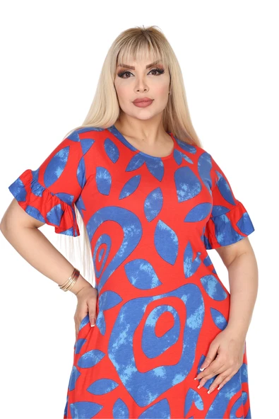 Melsay Butik Kadın Büyük Beden Eteği Fırfırlı Pembe Nazar Desen Cepli Elbise - 4