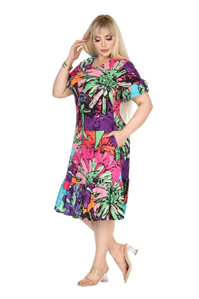 Melsay Butik Kadın Büyük Beden Eteği Fırfırlı Karışık Renkli Desen Cepli Elbise - Resim 2