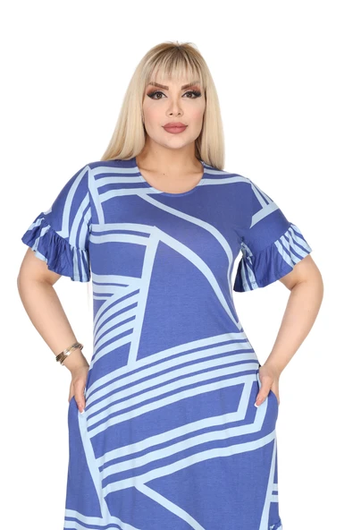 Melsay Butik Kadın Büyük Beden Eteği Fırfırlı Mavi Çizgili Desen Cepli Elbise - Resim 5