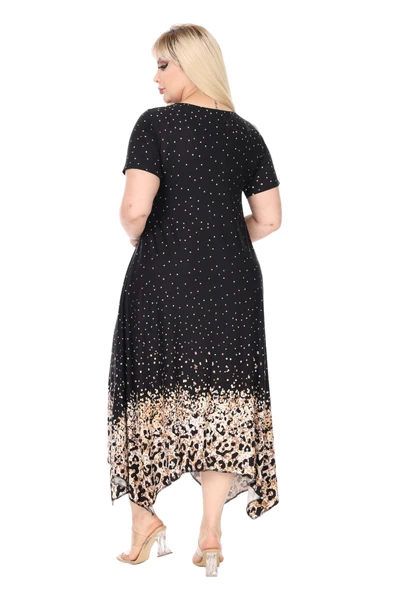 Melsay Butik Siyah Puanlı Eteği Leopar Desen Asimetrik Kısa Kollu Elbise - 6
