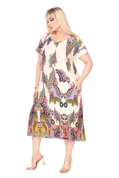 Melsay Butik Krem Şal Desen Kuplu Cepli Kısa Kol Kadın Midi Elbise - Resim 5