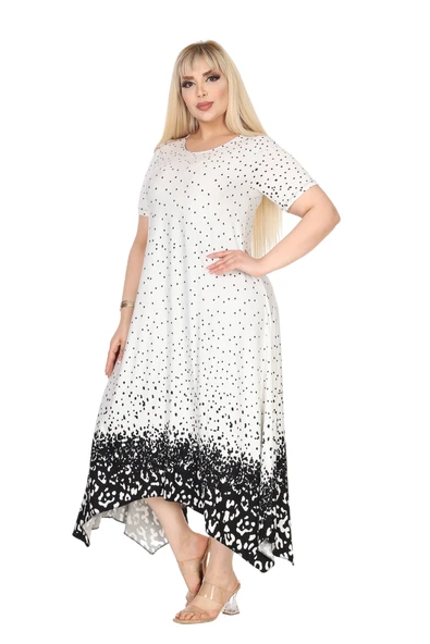 Melsay Butik Beyaz Puanlı Eteği Leopar Desen Asimetrik Kısa Kollu Elbise - 2