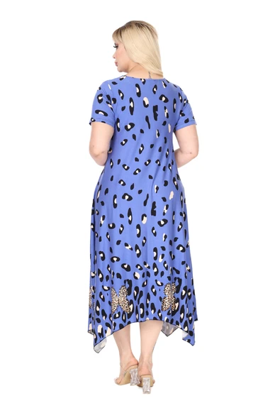 Melsay Butik Mavi Sulu Leopar Desen Asimetrik Kısa Kollu Elbise - Resim 6