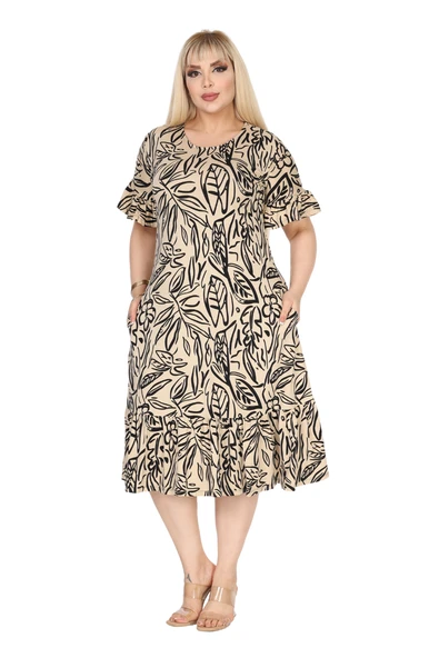 Melsay Butik Kadın Büyük Beden Eteği Fırfırlı Bej Yaprak Desen Cepli Elbise ürün görseli