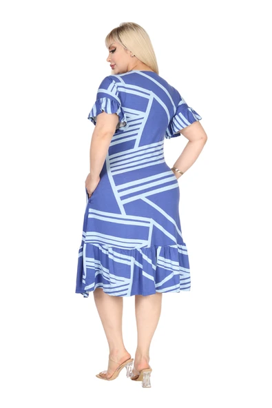 Melsay Butik Kadın Büyük Beden Eteği Fırfırlı Mavi Çizgili Desen Cepli Elbise - Resim 6