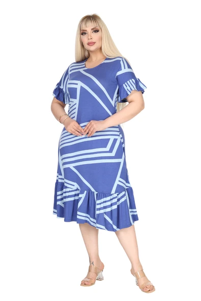 Melsay Butik Kadın Büyük Beden Eteği Fırfırlı Mavi Çizgili Desen Cepli Elbise - Resim 3