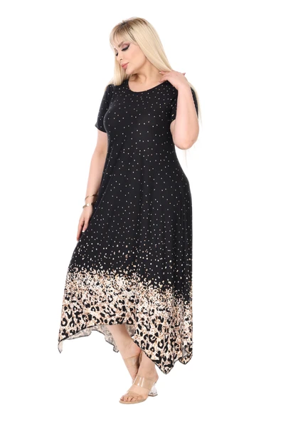 Melsay Butik Siyah Puanlı Eteği Leopar Desen Asimetrik Kısa Kollu Elbise - 3