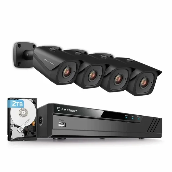 Amcrest 4K Güvenlik Kamera Sistemi 4K 8MP Black - 8CH NVR + 4 Bullets (2.8mm) w/ 2TB HDD