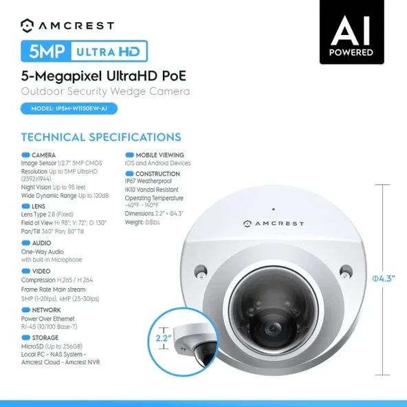Amcrest 5 Megapiksel Wedge IP PoE AI 20fps Kamera Beyaz - 7