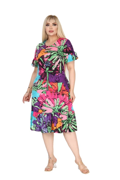 Melsay Butik Kadın Büyük Beden Eteği Fırfırlı Karışık Renkli Desen Cepli Elbise - Resim 4