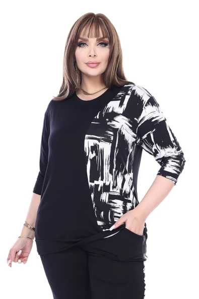 Melsay Butik Siyah Truvakar Kol Yarım Fırça Garnili Viskon Büyük Beden Takım - 2