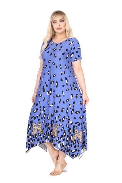 Melsay Butik Mavi Sulu Leopar Desen Asimetrik Kısa Kollu Elbise - Resim 2