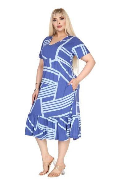 Melsay Butik Göğüsten Robalı V Yaka Kısa Kollu Mavi Çizgili Desen Cepli Elbise - Resim 2