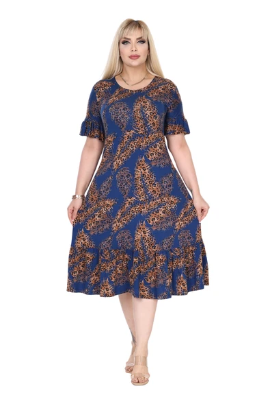 Melsay Butik Lacivert Başak Desen Eteği Fırfırlı Cepli Büyük Beden Kadın Elbise