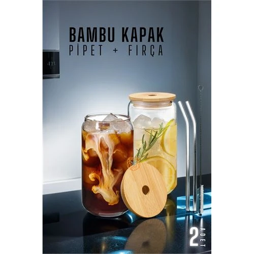 Bambu Kapaklı Kavanoz Bardak 2 ADET