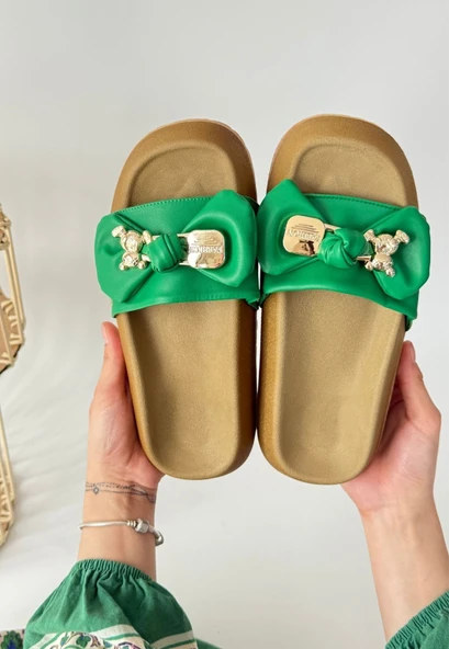 Jude Yeşil Cilt Ayıcıklı Terlik - Resim 2