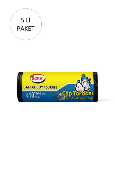 Battal Boy Çöp Torbası 75 x 90 cm 10 Lu Rulo x 5 Paket = 50 Adet (Siyah)