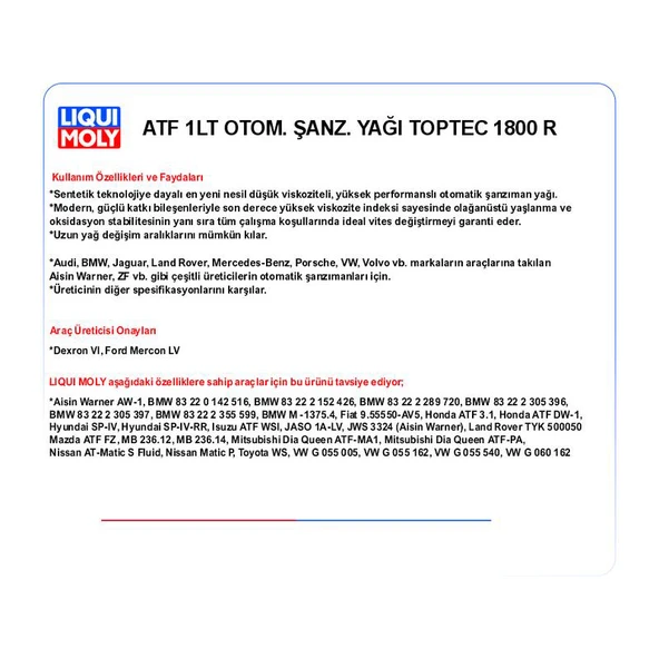 AisinWarnerAW1 ATF 1LT OTOM. ŞANZ. YAĞ TOPTEC 1800 R LQM-20625