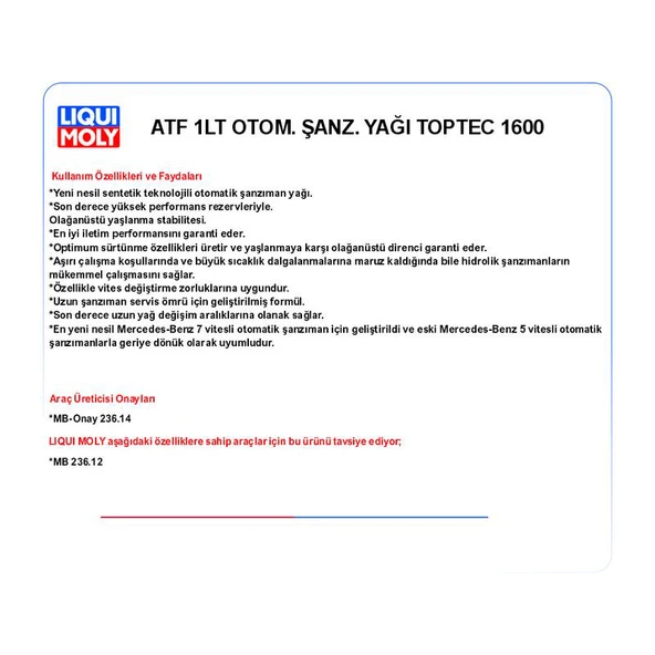 MB-Approval236.14 ATF 1LT OTOM. ŞANZ. YAĞ TOPTEC 1600 LQM-3659