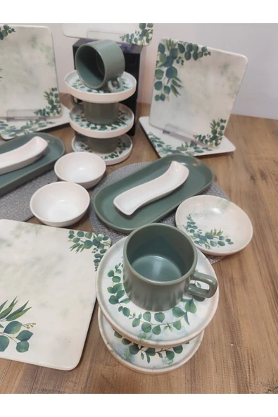 Okaliptus 6 kişilik 26 parça kahvaltı takımı yesil - Resim 4
