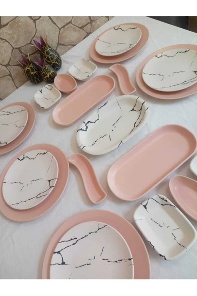 Kahvaltı Takımı 23 Parça 6 Kişilik Mat Pembe Mermer Dekor - 3