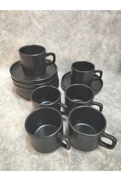 Stackable Mat Siyah Nescafe/çay Fincan Takımı 12 Parça 6 Kisilik - 3