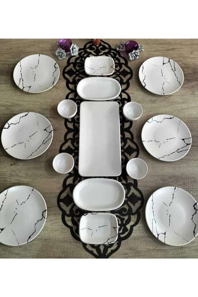15 Parça 6 Kişilik Kahvaltı Takımı Mat Krem Mermer Desen - 1