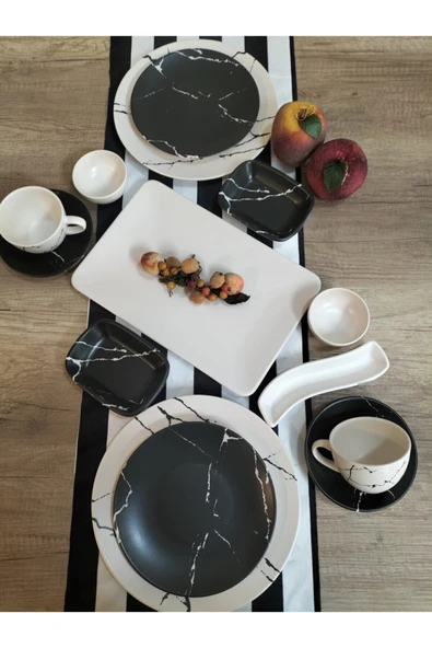 Kahvaltı Takımı 2 Kişilik 14 Parça Mat Mermer Desen Siyah Beyaz - 2