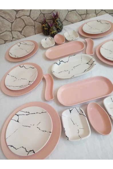 Kahvaltı Takımı 23 Parça 6 Kişilik Mat Pembe Mermer Dekor - 2