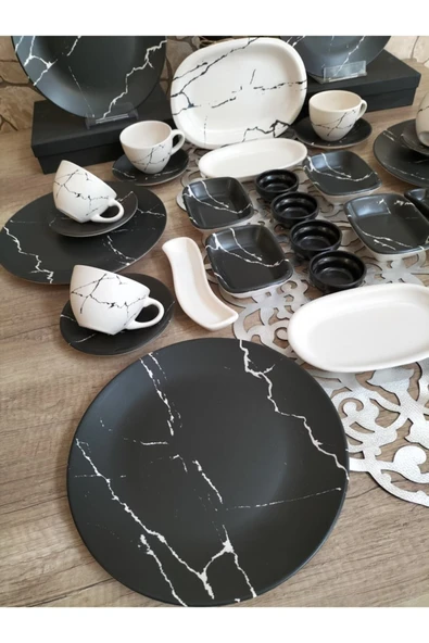 Kahvaltı Takımı 6 Kişilik 31 Parça Mat Siyah Beyaz Mermer Dekor - 4