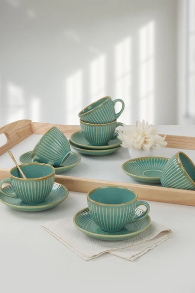 Teal Myra Çay Fincan Takımı 12 Parça 6 Kişilik - Q06 - 2