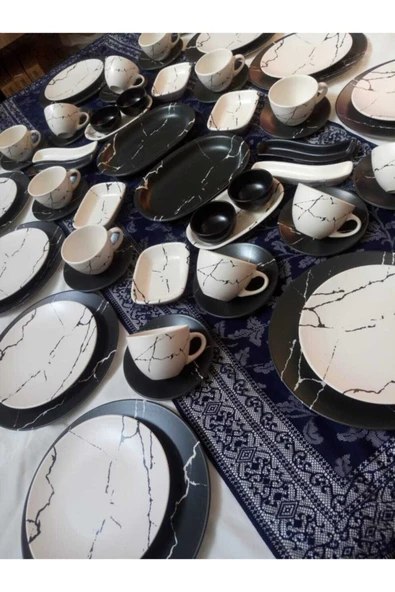 Kahvaltı Takımı 12 Kişilik 64 Parça Mat Siyah Beyaz Mermer Desen - 3