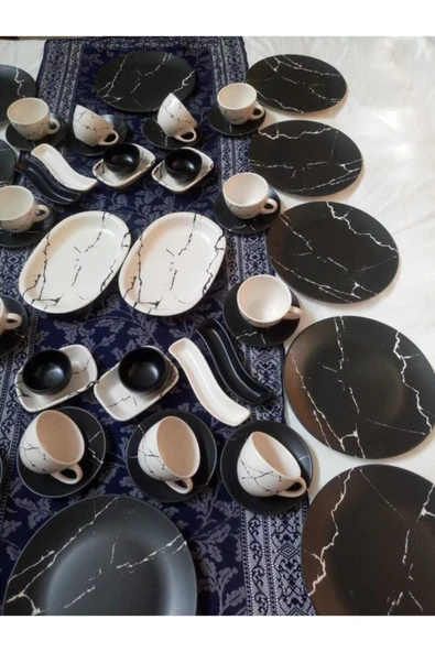 Kahvaltı Takımı 12 Kişilik 50 Parça Mat Siyah Beyaz Mermer Desen - 3