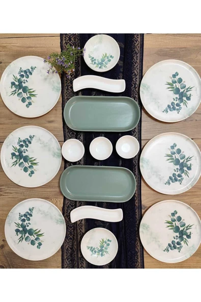 Okaliptus Nordıc kahvaltı takımı  6 kişilik 15 parça mat yeşil ürün görseli 1