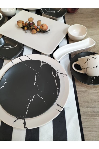 Kahvaltı Takımı 2 Kişilik 14 Parça Mat Mermer Desen Siyah Beyaz - 3