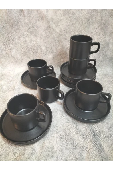 Stackable Mat Siyah Nescafe/çay Fincan Takımı 12 Parça 6 Kisilik