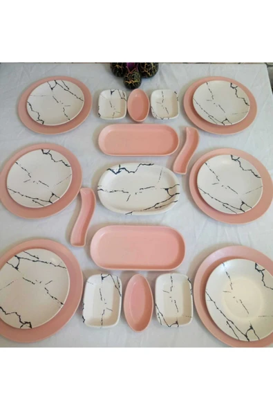 Kahvaltı Takımı 23 Parça 6 Kişilik Mat Pembe Mermer Dekor