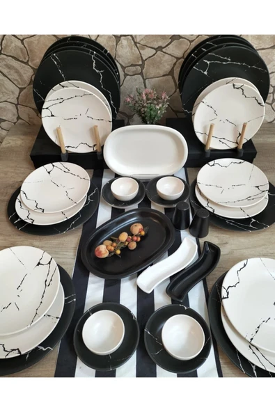 Kahvaltı Takımı 12 Kişilik 38 Parça Mat Siyah Beyaz Mermer Desen - 1