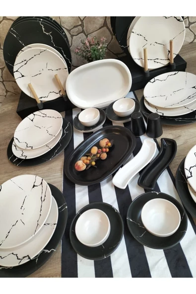Kahvaltı Takımı 12 Kişilik 38 Parça Mat Siyah Beyaz Mermer Desen - 2