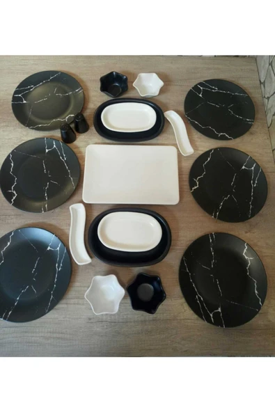 Mermer Desen Mat Siyah 19 Parça 6 Kişilik Kahvaltı Takımı