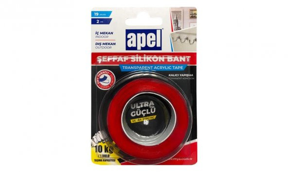 APEL Akrilik çift taraflı şeffaf silikon bant 19 mm x 2 mt silikonize montaj bandı