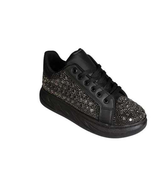 YAZKIŞ Kadın Siyah Cilt Taşlı Kalın Taban Fashıon Spor Ayakkabı ürün görseli