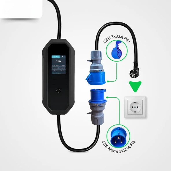 Elektrikli Araba Taşınabilir Şarj Cihazı 7 kw / 32A / Tip-2 / 3x32A Fiş / Monofaze / 5m / Çantalı / Ev Tipi Dönüştürücü Kablolu - 4