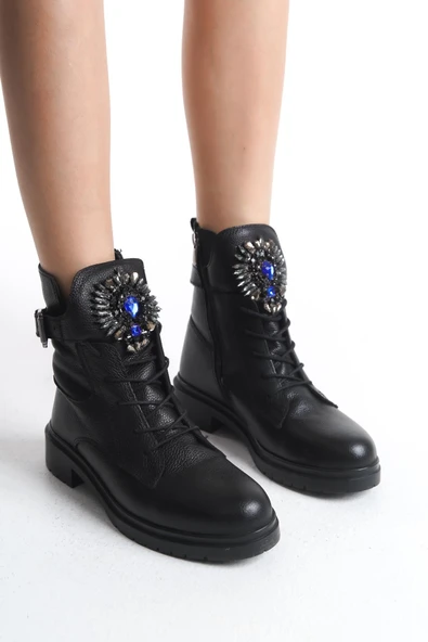 Kadın Hakiki Deri Önü Mavi Gümüş Taş Detaylı Bağcıklı Fermuarlı Bot - Resim 6