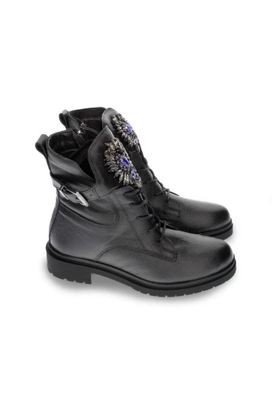 Kadın Hakiki Deri Önü Mavi Gümüş Taş Detaylı Bağcıklı Fermuarlı Bot - Resim 2