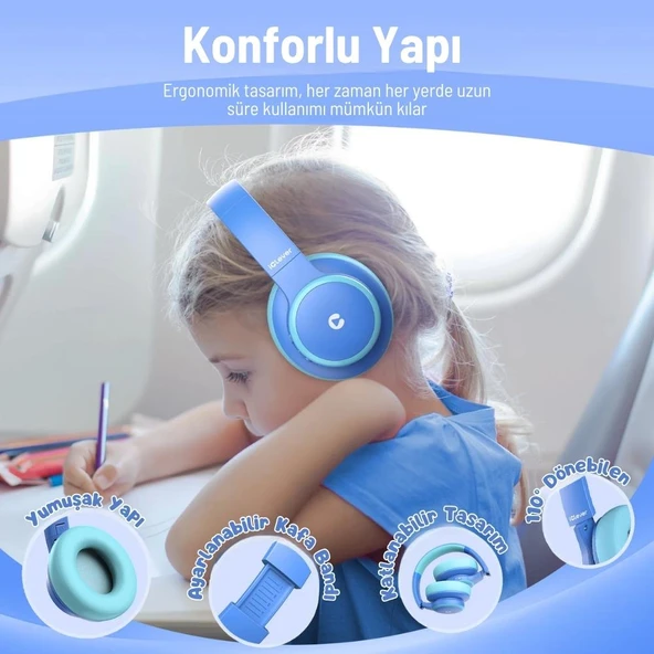 iClever Gürültü Önleyici Ses Sınırlı 60 Saat Oynatma Süreli Bluetooth Çocuk Kulaklığı Mavi - 7