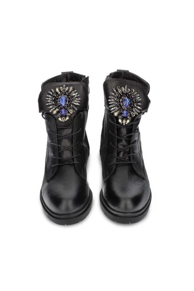 Kadın Hakiki Deri Önü Mavi Gümüş Taş Detaylı Bağcıklı Fermuarlı Bot - Resim 3